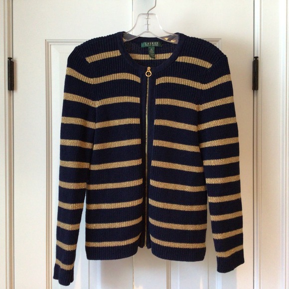 Lauren Ralph Lauren Navy/Gold Full Zip Cardigan Sz M - Picture 1 of 3